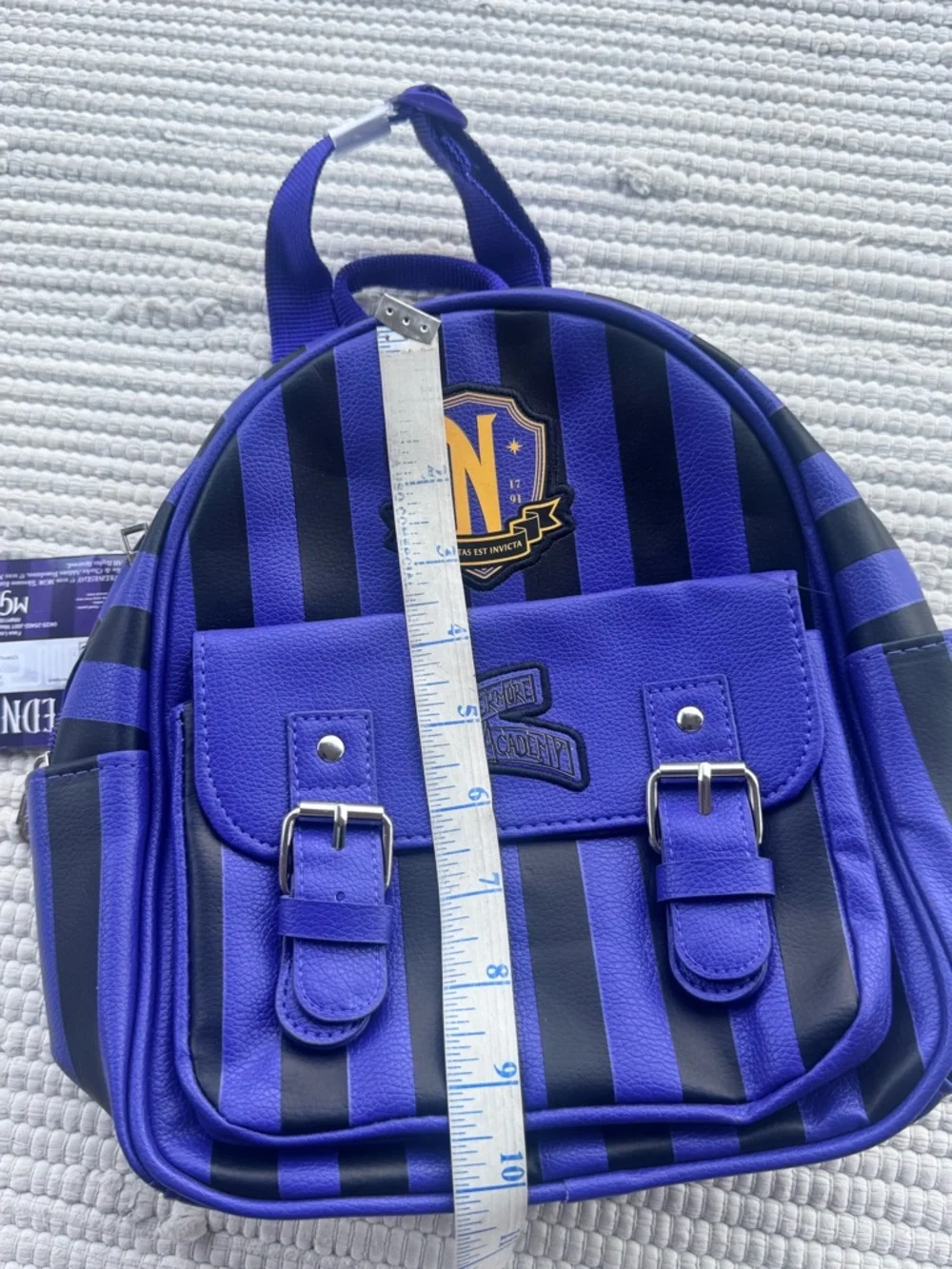 Wednesday Nevermore Mini Backpack Purple Black Striped Faux Leather